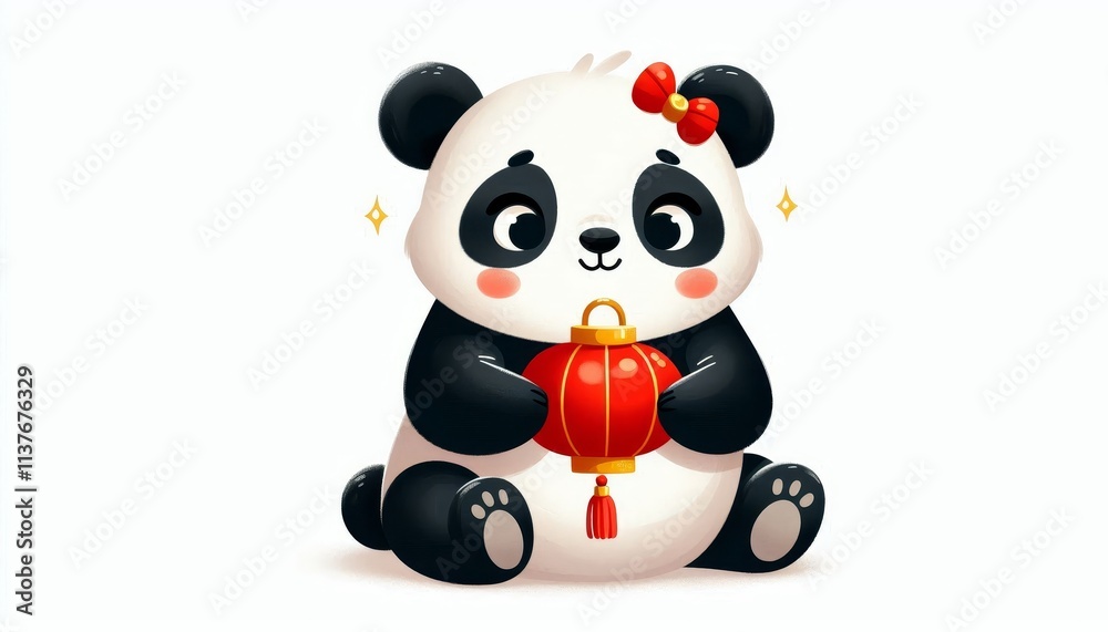 Obraz premium Cute panda with red bow holding Chinese lantern. Adorable watercolor illustration for Lunar New Year celebration and holiday design on white background