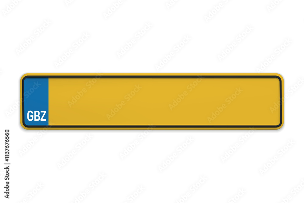 Car number plate of United Kingdom. Vehicle registration license of british region Gibraltar Car number plate of United Kingdom. Vehicle registration license of british region Gibraltar