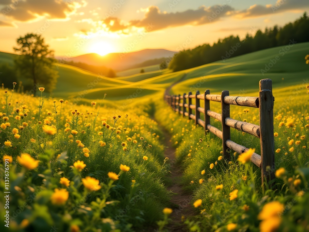 Fototapeta premium Serene Sunset over a Rolling Meadow with Yellow Flowers