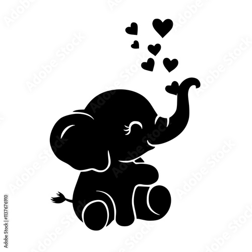 Cute elephant blowing hearts illustration , Adorable black silhouette of a baby elephant blowing heart shapes from its trunk, symbolizing love, joy, and playfulness on a white background.  


