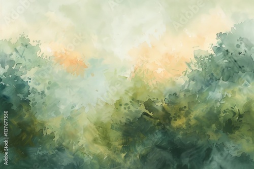 Abstract painting of an autumn landscape, blurred imagery, colorful, earthy tones, green, blue, orange, reds, and yellows, textured.