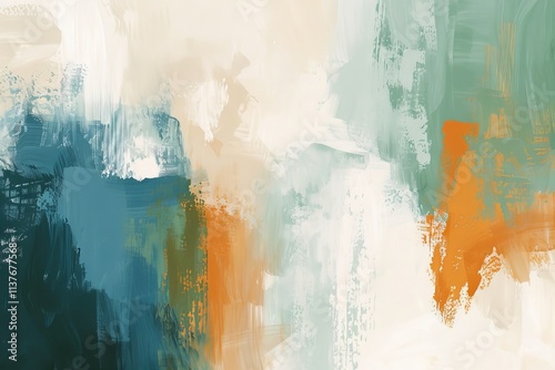 Abstract painting of an autumn landscape, blurred imagery, colorful, earthy tones, green, blue, orange, reds, and yellows, textured.