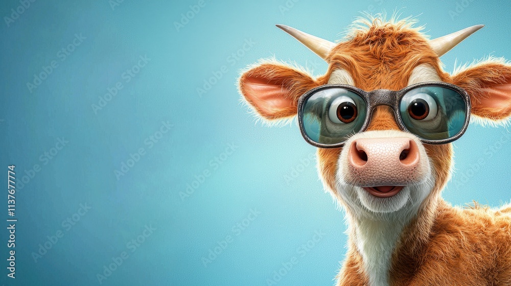 Fototapeta premium A cartoon cow with a large pair of sunglasses, standing in front of a bright blue background, looking silly and entertaining.