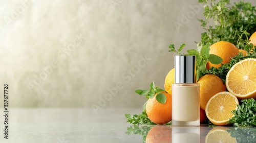 The skincare serum sits on a sleek table, surrounded by vibrant citrus fruits and fresh herbs, creating a refreshing and invigorating atmosphere that enhances the natural ingredients in the product. photo