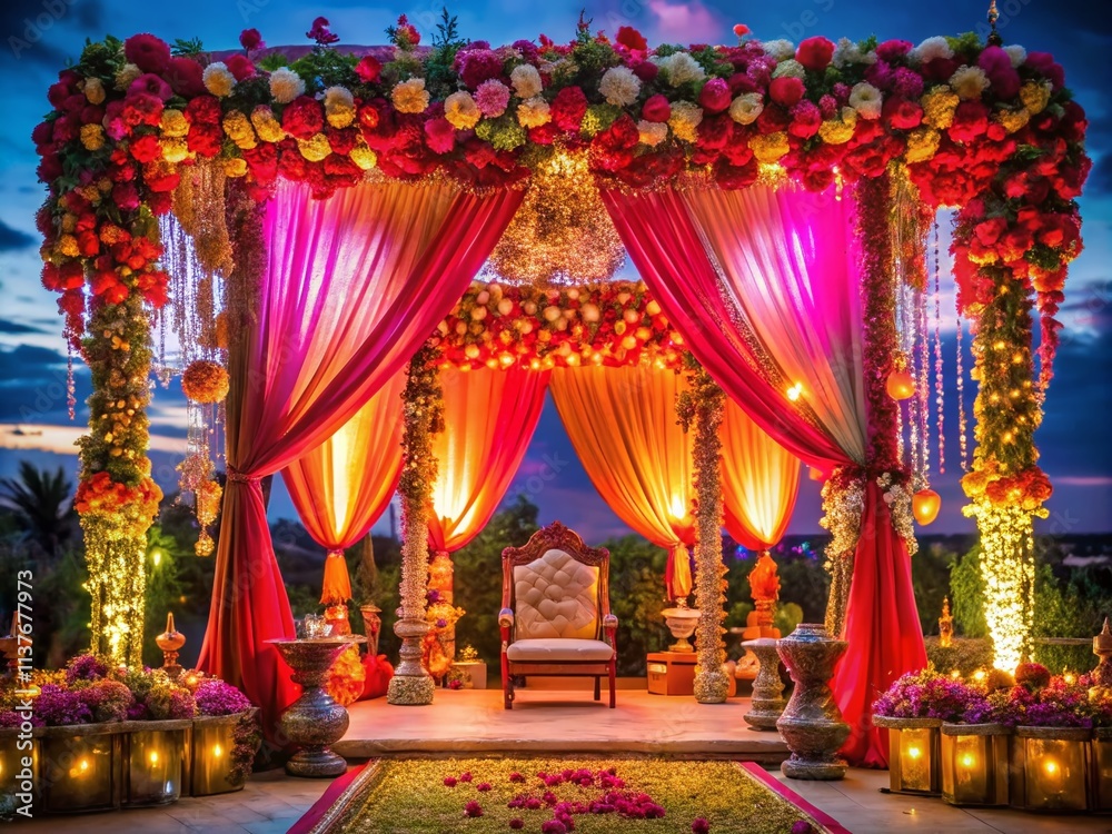 Fototapeta premium Stunning Indian Wedding Night Decor: Mandap, Lighting, Flowers, Photography
