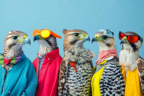 Creative Animal Concept Group of Hawk Birds Flying in Formation. photo