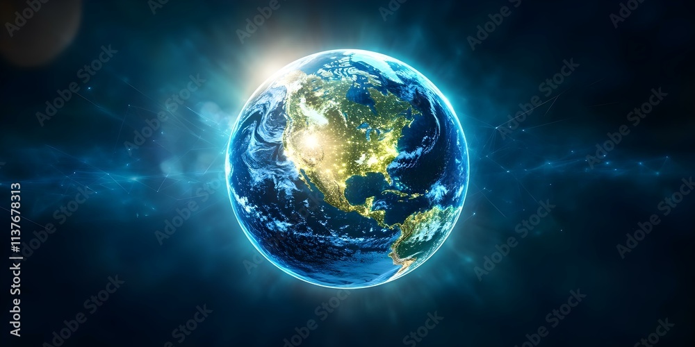 A stylized depiction of Earth from space, showcasing North and South America illuminated against a dark background. Concept Stylized Earth Illustration, Space Art, North and South America A stylized depiction of Earth from space, showcasing North and South America illuminated against a dark background. Concept Stylized Earth Illustration, Space Art, North and South America