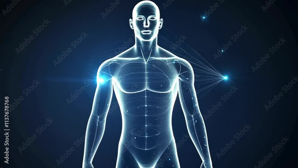 A digital rendering of a male human body.  Glowing blue particles form the body's shape against a dark background.