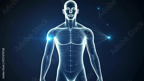 A digital rendering of a male human body.  Glowing blue particles form the body's shape against a dark background.