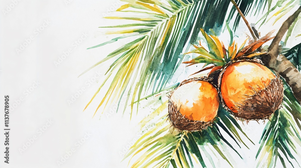 Watercolor Painting of Ripe Coconuts on a Palm Tree Watercolor Painting of Ripe Coconuts on a Palm Tree