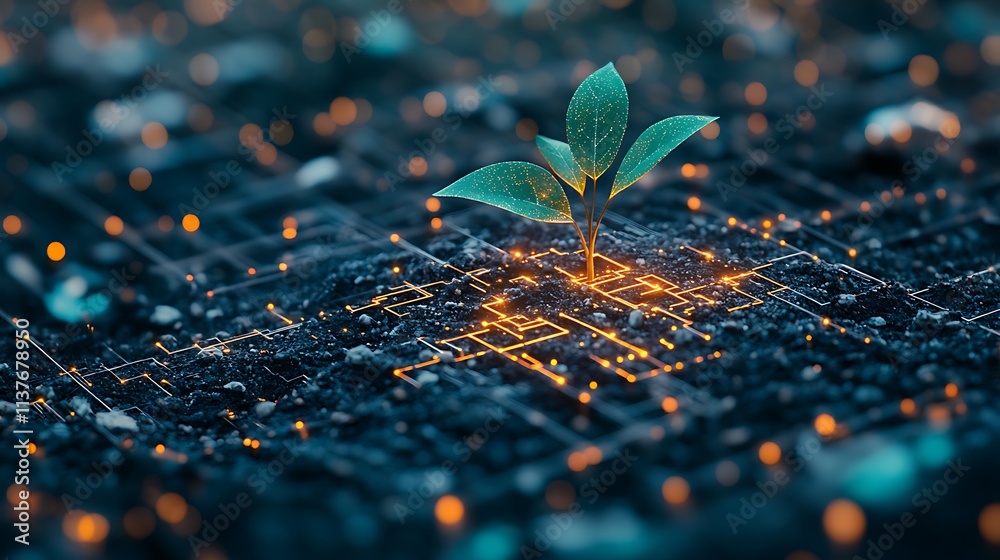 Growing Plant Emerging from Soil with Sparkling Lights in a Digital Environment Representing Innovation Growing Plant Emerging from Soil with Sparkling Lights in a Digital Environment Representing Innovation