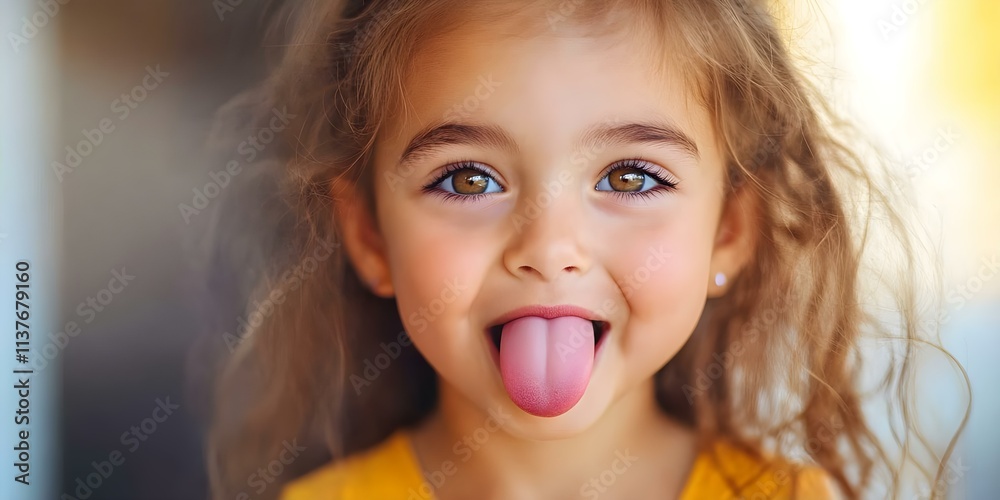 A young girl with curly hair playfully sticking out her tongue, smiling at the camera. Concept Curly Hair, Playful Expression, Joyful Smile, Young Girl, Fun Portrait A young girl with curly hair playfully sticking out her tongue, smiling at the camera. Concept Curly Hair, Playful Expression, Joyful Smile, Young Girl, Fun Portrait