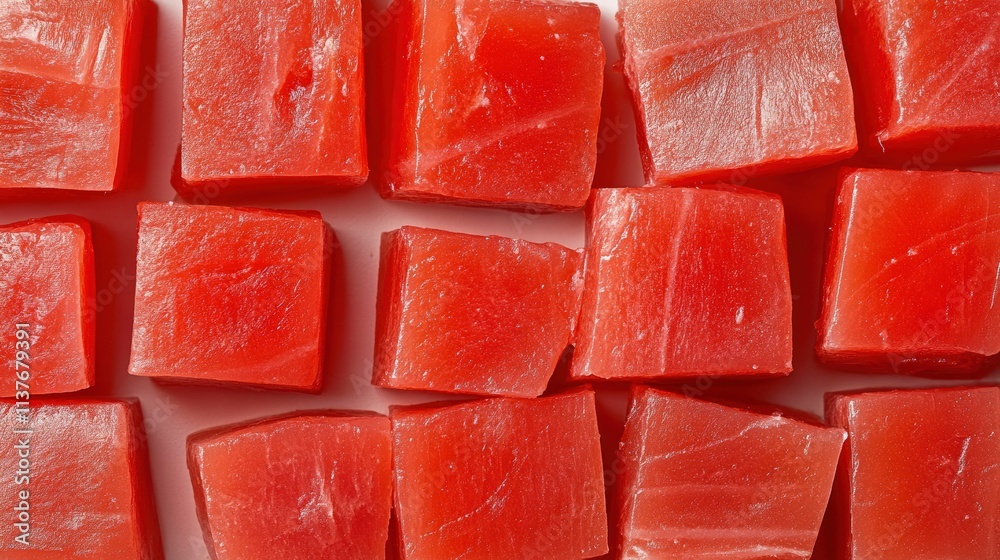 Vibrant Red Cubes of Gelatin Dessert on a White Background Vibrant Red Cubes of Gelatin Dessert on a White Background