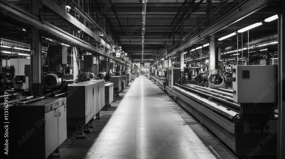 Fototapeta premium Factory interior, long aisle, industrial machinery.