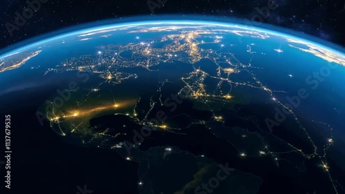 A breathtaking view of Earth from space at night showing illuminated city lights, glowing continents, and vast oceans representing global connectivity and beauty of the planet.