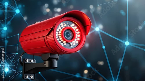 Red Security Surveillance Camera with LED Lights Against a Digital Network Background photo