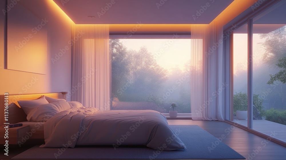 Serene Modern Bedroom with Soft Lighting and Misty Window View at Sunrise Serene Modern Bedroom with Soft Lighting and Misty Window View at Sunrise