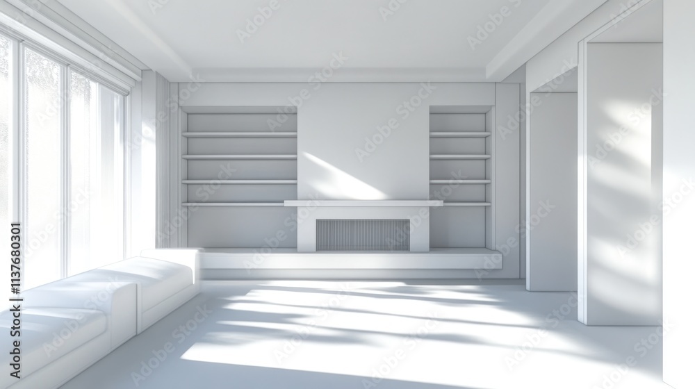 Sunlit minimalist living room with fireplace and built-in shelves. Sunlit minimalist living room with fireplace and built-in shelves.