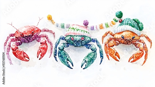 Whimsical Winter Crabs: A Festive Watercolor Painting photo