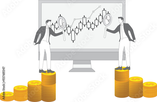 Business financial investment and analysis, marketing economic growth, investment income or money management analysis, stock exchange market, businessman holding a magnifying glass to analyze candlest