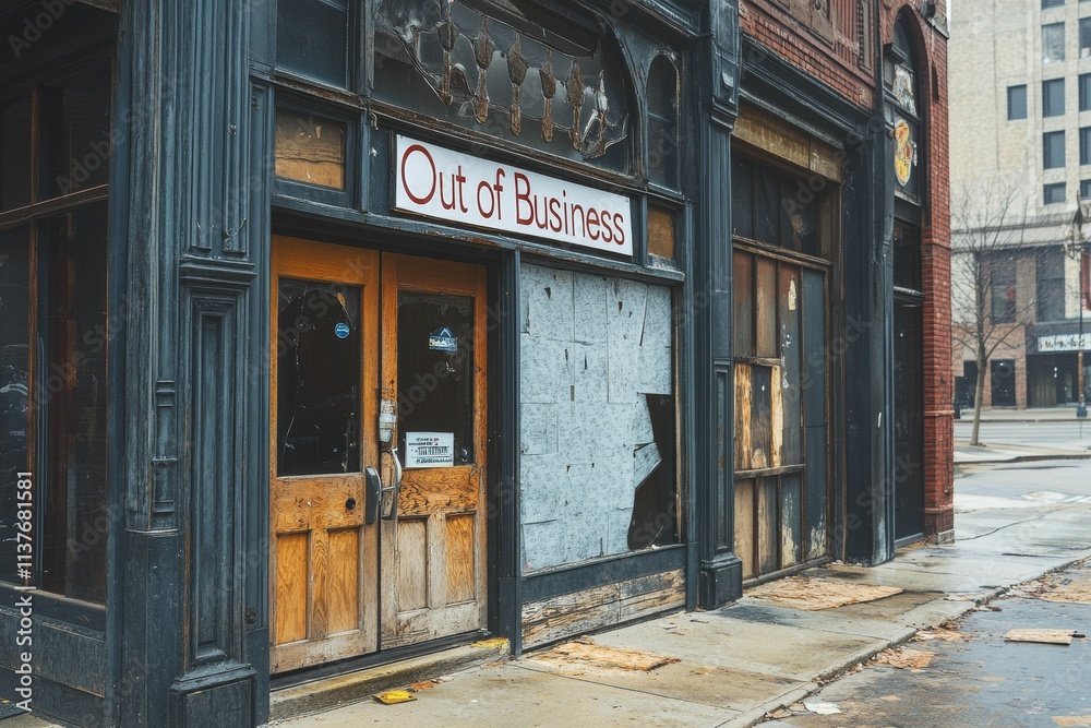 Damaged storefront, closed, boarded windows, Damaged storefront, closed, boarded windows,