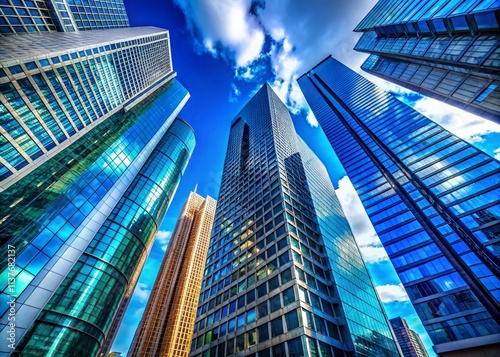 Stunning Skyscrapers, Blue Sky, Cityscape, Modern Architecture, Urban Landscape, High-Rise Buildings, Downtown, Metropolis, Aerial View, City Background, Building Exterior, Architectural Photography,
