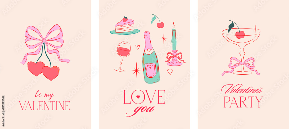 Fototapeta premium Vintage style cards, template for greeting cards, wedding, Valentines day cards and birthday party invitations. Hand drawn elegant coquette style. Retro illustrations and design for social media