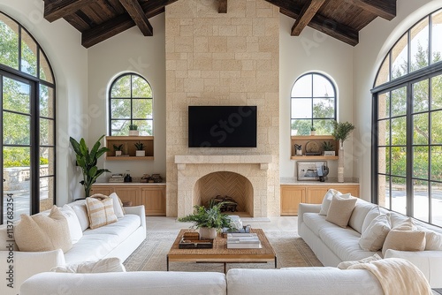 Spacious living room with high ceilings, arched stone fireplace, oak paneling, built-in cabinets, and natural light, styled by Jean Stoffer. photo