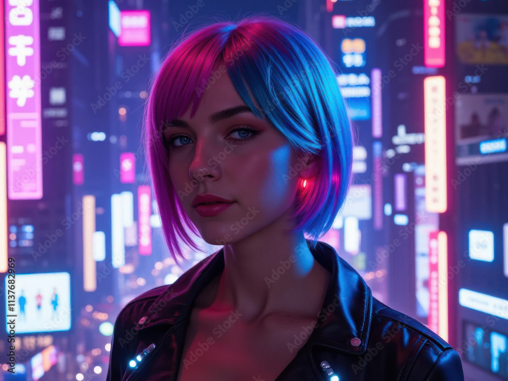 Cyberpunk Woman in Neon-Lit Cityscape Cyberpunk Woman in Neon-Lit Cityscape
