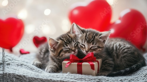 Two adorable kittens cuddle warmly next to a beautifully wrapped present, surrounded by vibrant red hearts in a gentle, festive ambiance