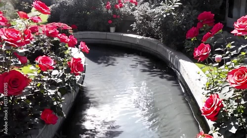 A peaceful water canal surrounded by vibrant red roses and lush green plants, reflecting natural beauty, calmness, and a serene garden environment. photo