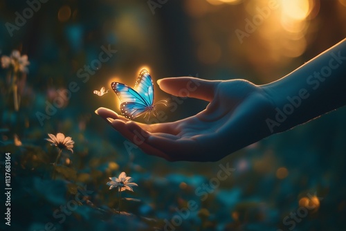 Gentle Touch of Freedom: A delicate hand cradles a vibrant blue butterfly, its wings shimmering with magical light as it prepares to take flight. The soft glow of the setting sun casts a warm.