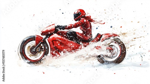 Red Motorcycle Rider in Motion: A Watercolor Painting of Speed and Power photo