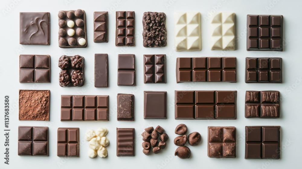 Collection of chocolate pieces and bars, isolated on a bright white background with rich textures and detail Collection of chocolate pieces and bars, isolated on a bright white background with rich textures and detail