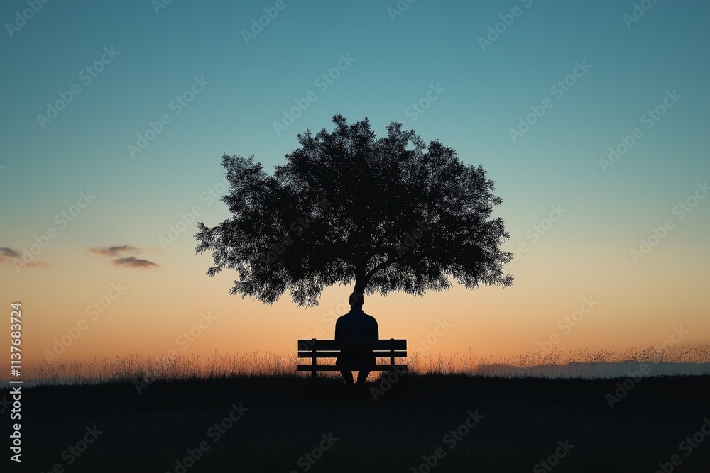 Silhouette of Solitude: A lone figure sits on a bench beneath a silhouetted tree, bathed in the warm glow of a setting sun, symbolizing introspection, peace, and the beauty of solitude. Silhouette of Solitude: A lone figure sits on a bench beneath a silhouetted tree, bathed in the warm glow of a setting sun, symbolizing introspection, peace, and the beauty of solitude.
