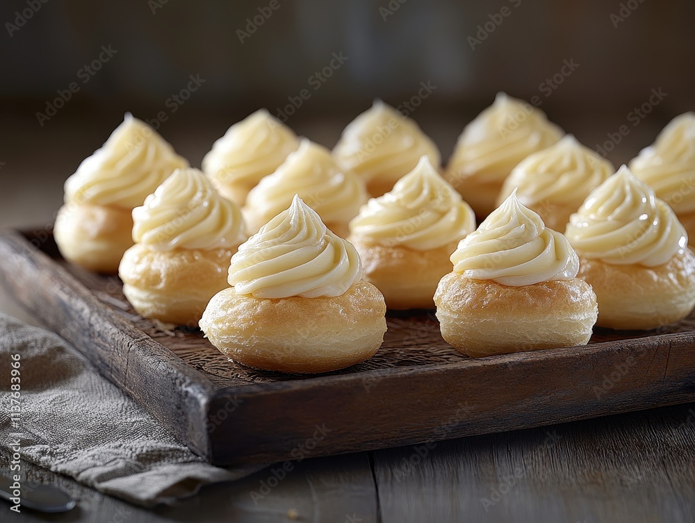 A tray of cream-filled pastries topped with swirls of frosting, inviting and delicious. A tray of cream-filled pastries topped with swirls of frosting, inviting and delicious.