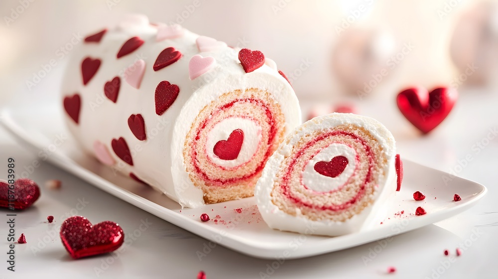 A delightful heart-themed cake roll decorated with red hearts, showcasing a fluffy interior and perfect for celebrations. A delightful heart-themed cake roll decorated with red hearts, showcasing a fluffy interior and perfect for celebrations.