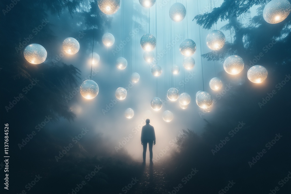 Mysterious Forest Path: A lone figure stands silhouetted against a mystical, fog-laden forest path, illuminated by glowing orbs hanging from the trees. An evocative image perfect for fantasy, mystery. Mysterious Forest Path: A lone figure stands silhouetted against a mystical, fog-laden forest path, illuminated by glowing orbs hanging from the trees. An evocative image perfect for fantasy, mystery.