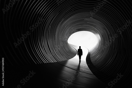 Journey Towards the Light: A solitary figure walks towards a bright exit at the end of a dark, spiraling tunnel.  A powerful monochrome image symbolizing hope, progress. photo