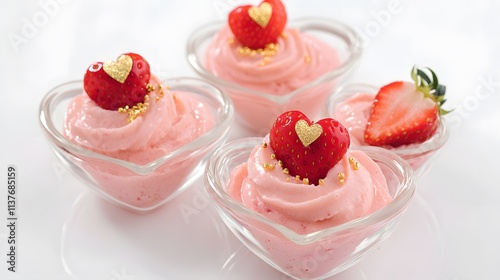 Cute heart-shaped desserts topped with strawberries and golden sprinkles create a delightful, romantic treat. photo