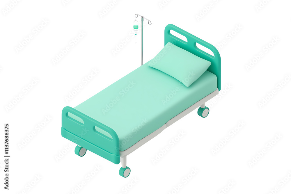 A hospital bed featuring a mint green frame, a mattress with a pillow, and an IV stand for medical use. A hospital bed featuring a mint green frame, a mattress with a pillow, and an IV stand for medical use.