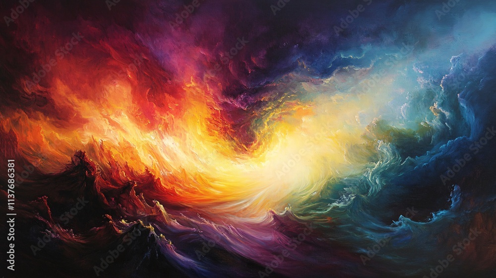 Abstract cosmic artwork depicting a vibrant interplay of fiery reds, deep blues, and glowing yellows, symbolizing the beauty of the universe and the mysteries of creation Abstract cosmic artwork depicting a vibrant interplay of fiery reds, deep blues, and glowing yellows, symbolizing the beauty of the universe and the mysteries of creation