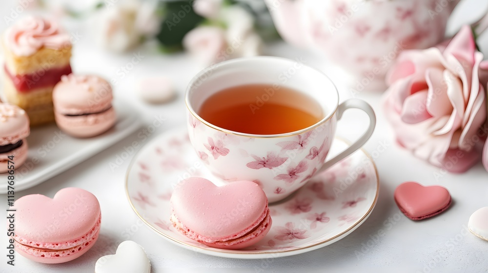 A delicate tea setup featuring a floral cup, pink macarons, heart-shaped treats, and soft blooms, evoking a charming and romantic atmosphere. A delicate tea setup featuring a floral cup, pink macarons, heart-shaped treats, and soft blooms, evoking a charming and romantic atmosphere.