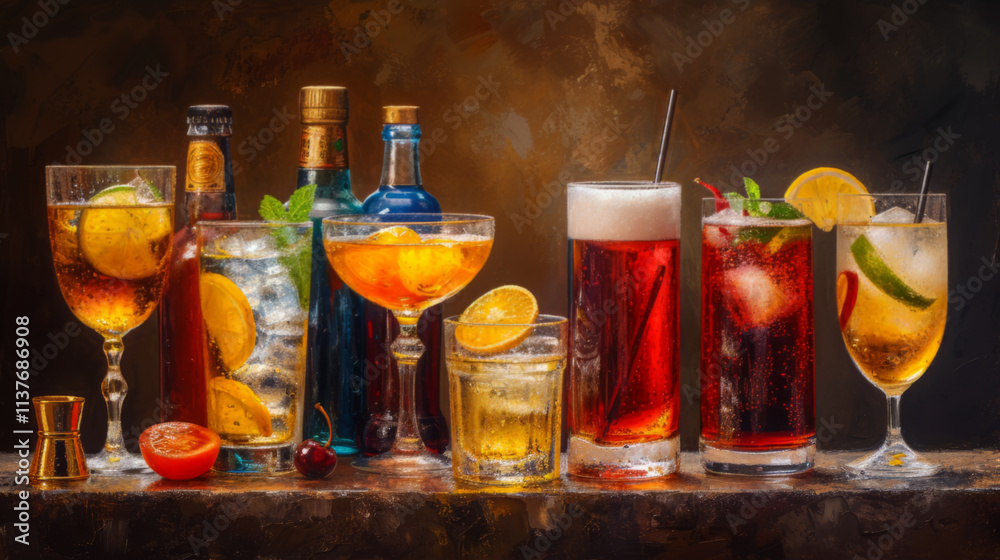 Vibrant Assorted Cocktails with Fruits and Ice on Bar Counter Vibrant Assorted Cocktails with Fruits and Ice on Bar Counter