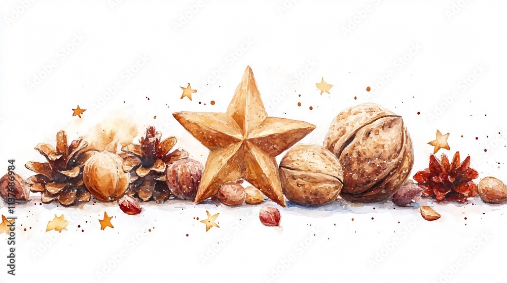 Rustic Christmas Watercolor Still Life with Pine Cones, Walnuts, and Golden Star Rustic Christmas Watercolor Still Life with Pine Cones, Walnuts, and Golden Star