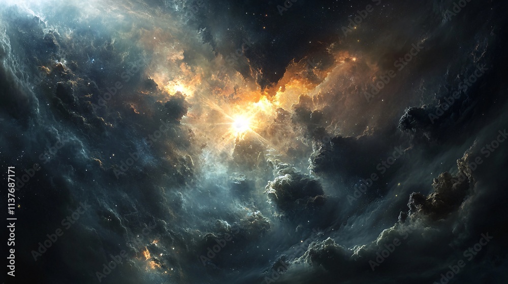 Stunning Cosmic Nebula with Fiery Center and Dark Clouds Captured in a Mesmerizing Interstellar Scene of Celestial Beauty and Vastness Stunning Cosmic Nebula with Fiery Center and Dark Clouds Captured in a Mesmerizing Interstellar Scene of Celestial Beauty and Vastness