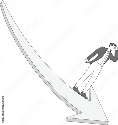 Career setbacks or economic downturns, recessions, financial crises, failed investments, falling prices, hands on the head of a desperate businessman standing on the edge of a falling arrow