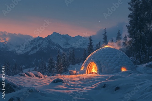 Snowy mountain scene; firelit snow shelter; tranquil evening. photo