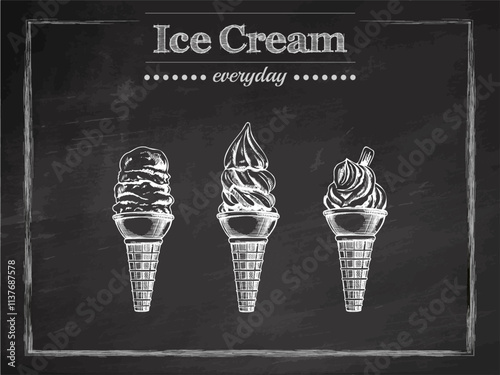Hand-drawn sketch of vintage ice cream cones on chalk background