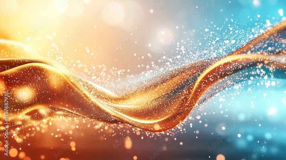 The abstract background features a complex and intricate wave of particles and lines The abstract background features a complex and intricate wave of particles and lines